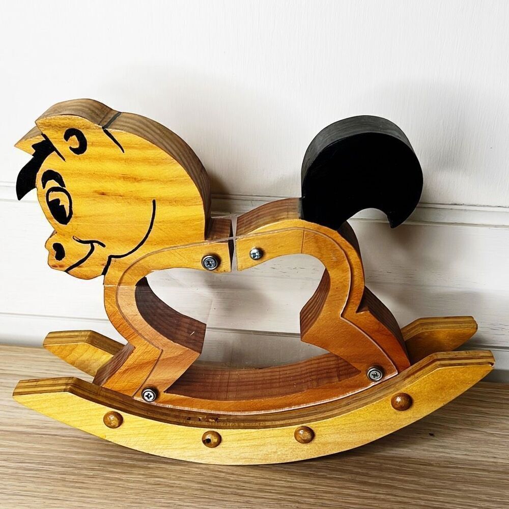 Handmade Solid Wooden Rocking Horse Money Bank Piggy Bank